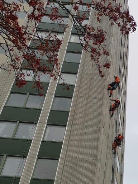 Building with maintenance workers